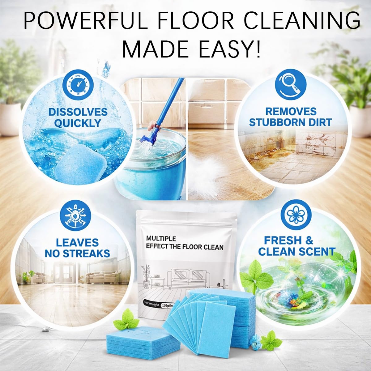100pcs Multi-Surface floor cleaning tablets, multiple effect the floor clean, Water Soluble Floor Cleaner for Mopping for Hardwood, Laminate Floors, Wall Tiles, Glass