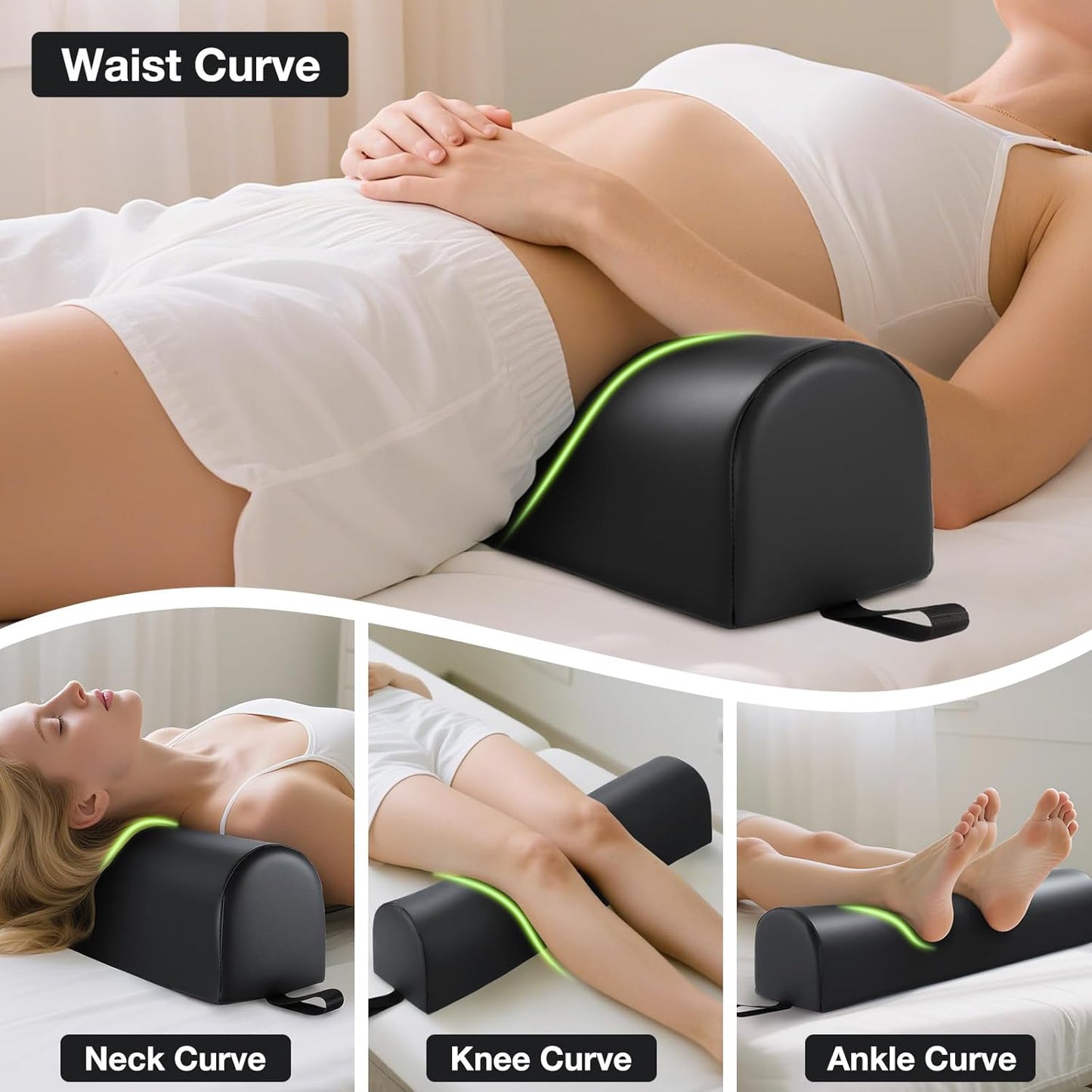 Noverlife 3/4 Round Massage Table Bolster Pillow - PU Leather Support for Knee, Neck & Back Pain Relief | 26 x 6 x 6 in - Black