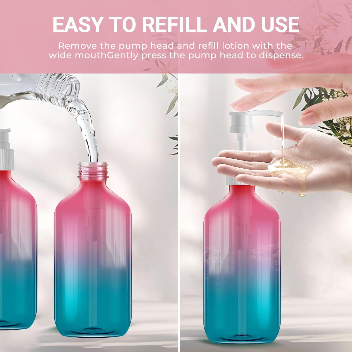 Empty Plastic Bottles with Pump Dispenser, 500ml Gradient Bottle, 3 Pack