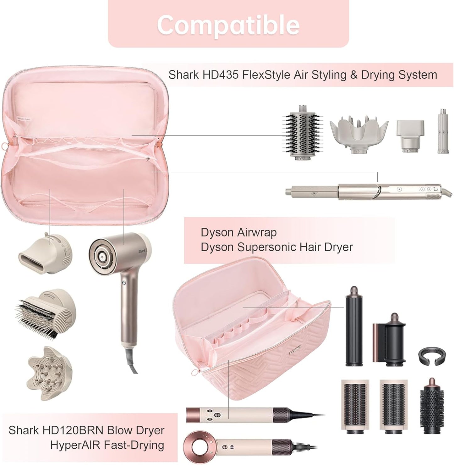 Travel Makeup Bag for Dyson Airwrap & Shark Flex Style - Portable Organizer with Divider & Handle | Pink