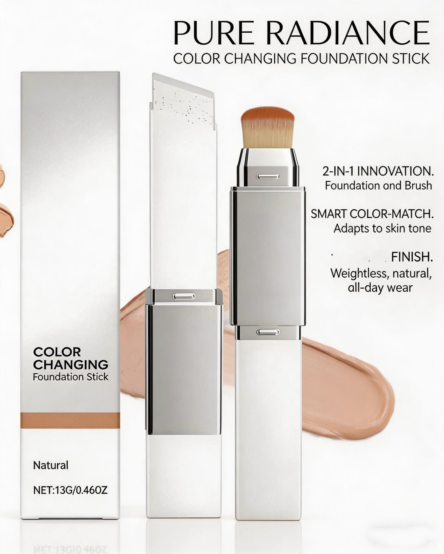 Skin Matching Foundation, Color Changing Foundation Stick, 2 in 1 Concealer Stick with Brush, Full Coverage Dual-Ended(Natural)