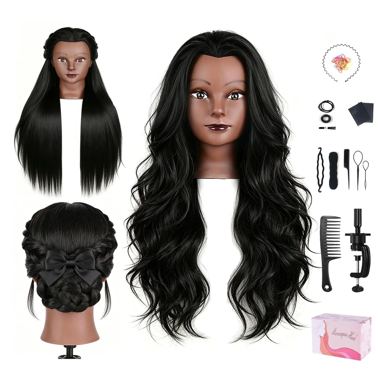 26'' Black Human Hair Mannequin Head for Cosmetology | Styling Doll with Clamp Holder & Tools Set