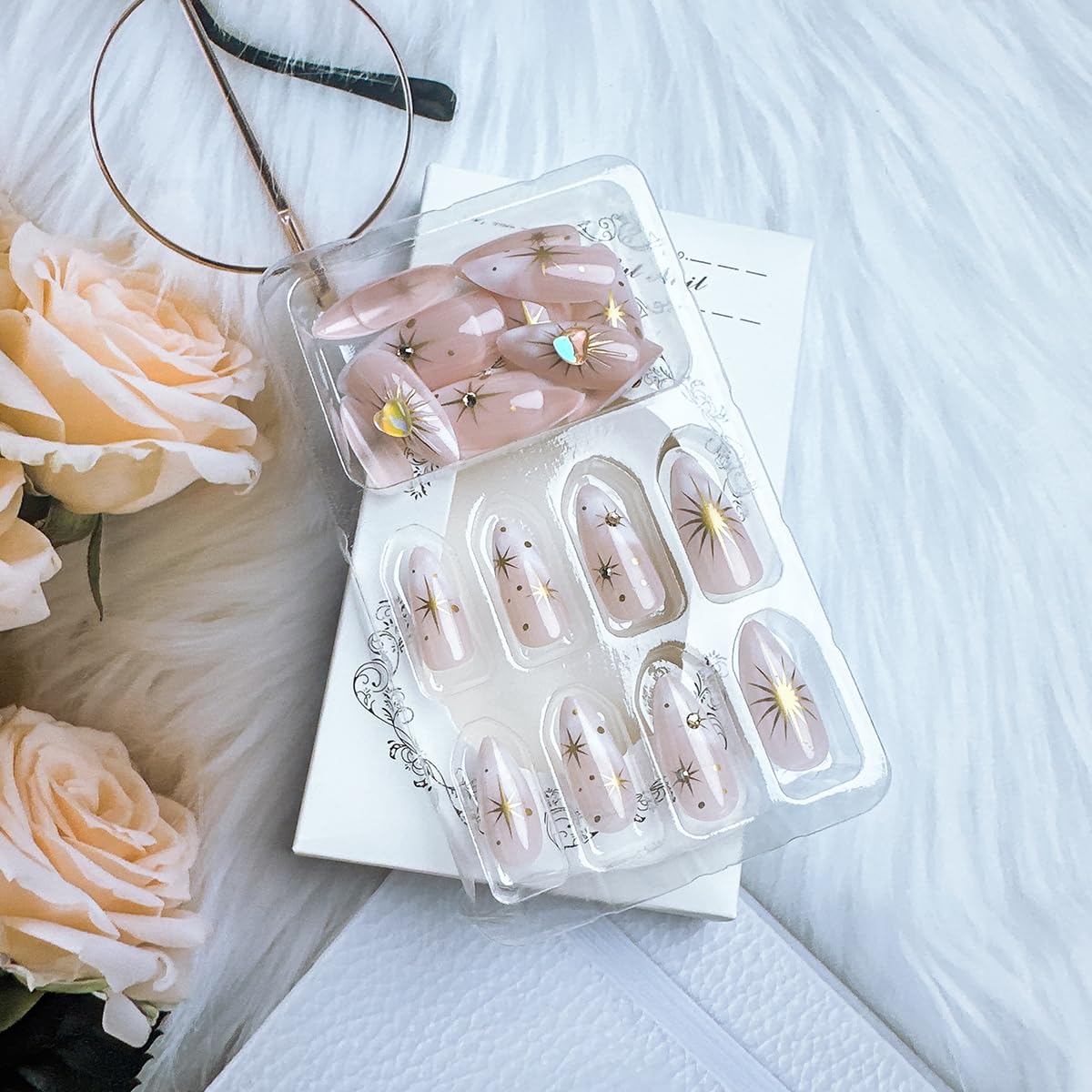 Almond Press-On Nails - 24Pcs Medium Length Gold Star Designs | Full Cover Nude Gradient Acrylic with Rhinestones