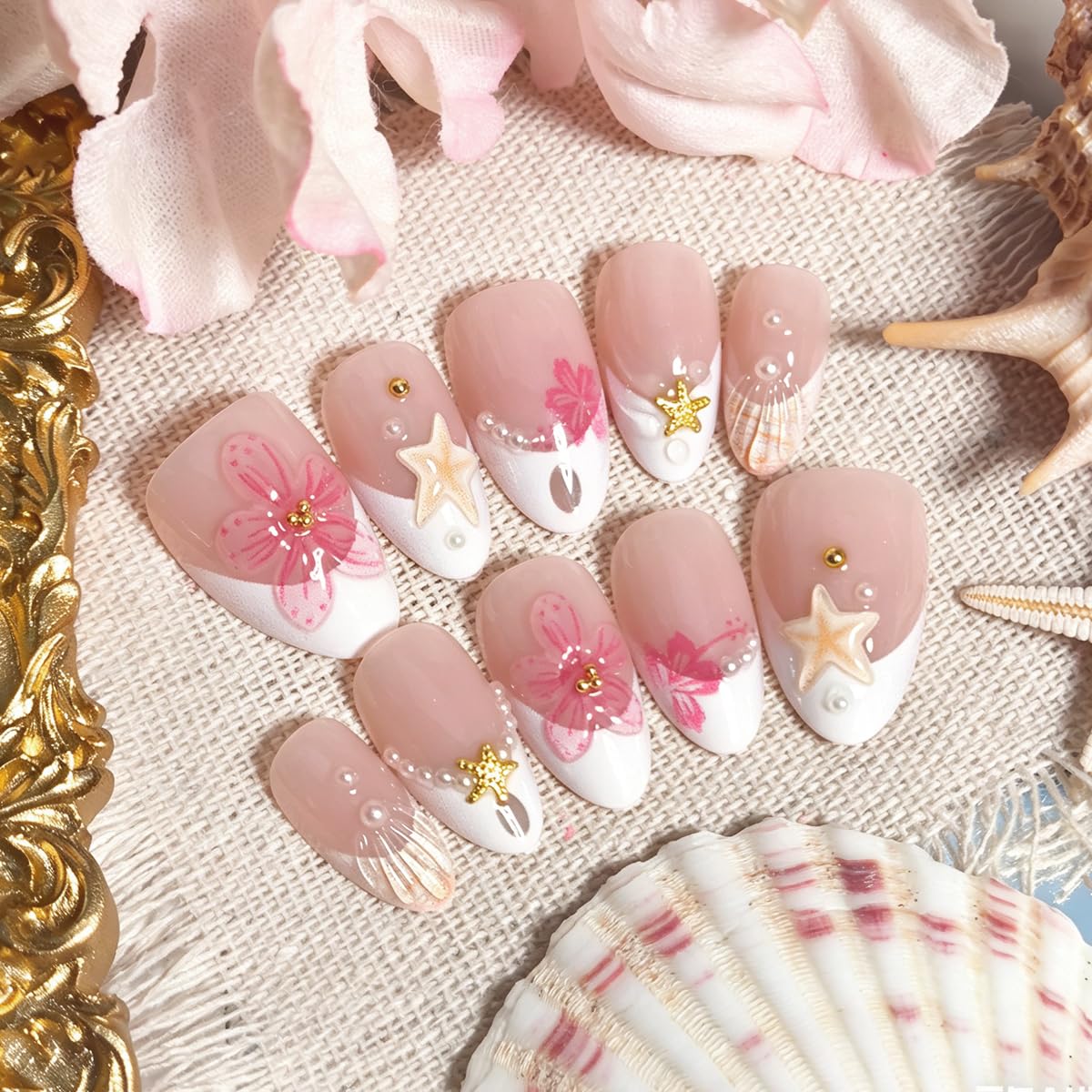Cute Pink Flower Press-On Nails - Short Almond French Tip | 30 Pcs Reusable Glossy Acrylic with Pearl & Starfish Design