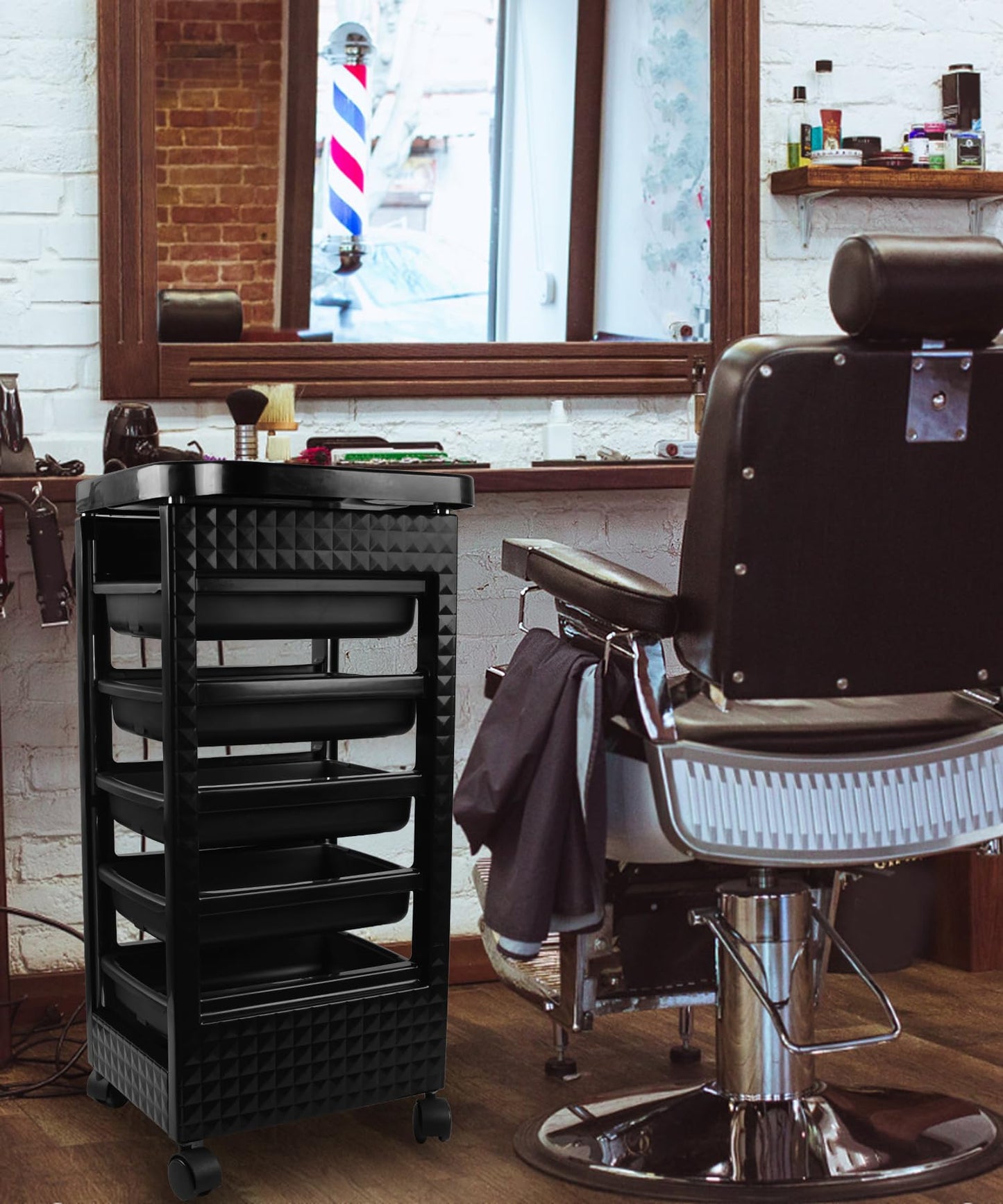 Hair Styling Salon Trolley Cart with Wheels and 5 Drawers,Rolling Cart for Hair Stylist, Beauty Salon Equipment,Tattoo(Black)