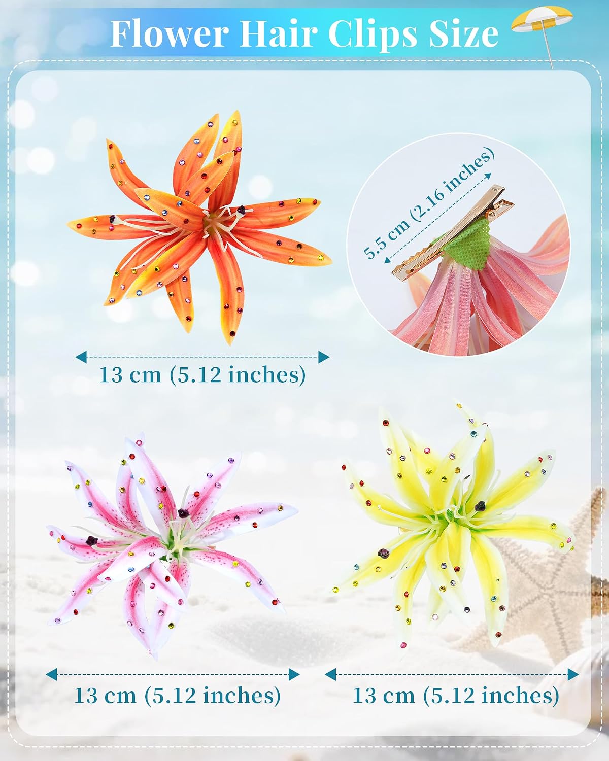 Hawaiian Flower Hair Clips - 3 Pack Tropical Orchid Hairpins | Rhinestone Wedding Accessories