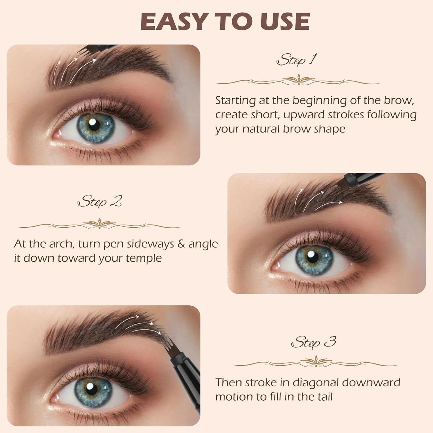 Microblading Eyebrow Pen Set - Waterproof 4-Tip Precision Pencils with Brushes | Light Brown