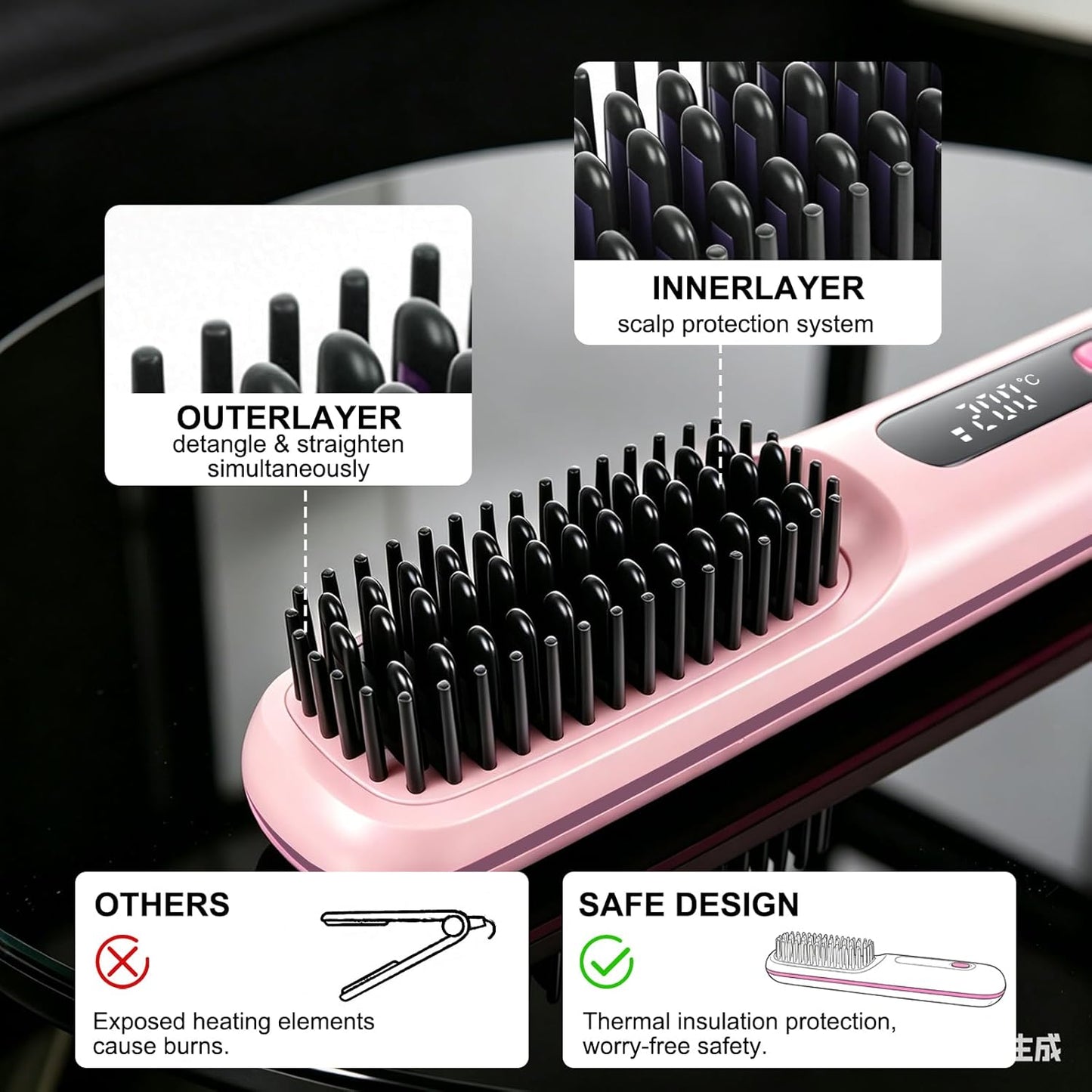 Cordless Hair Straightener Brush - Ionic Frizz-Free, Fast Heating 20s, 3200mAh USB-C | Portable for Travel