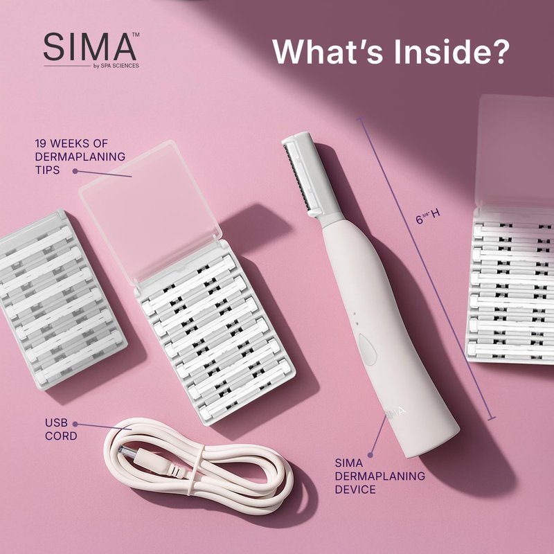 SPA SCIENCES - SIMA Patented Dermaplane Razor for Women Face – Painless 2-in-1 Facial Exfoliation & Peach Fuzz Hair Removal – Anti-Aging – 3 Speeds – Rechargeable – 19 Weeks Treatment