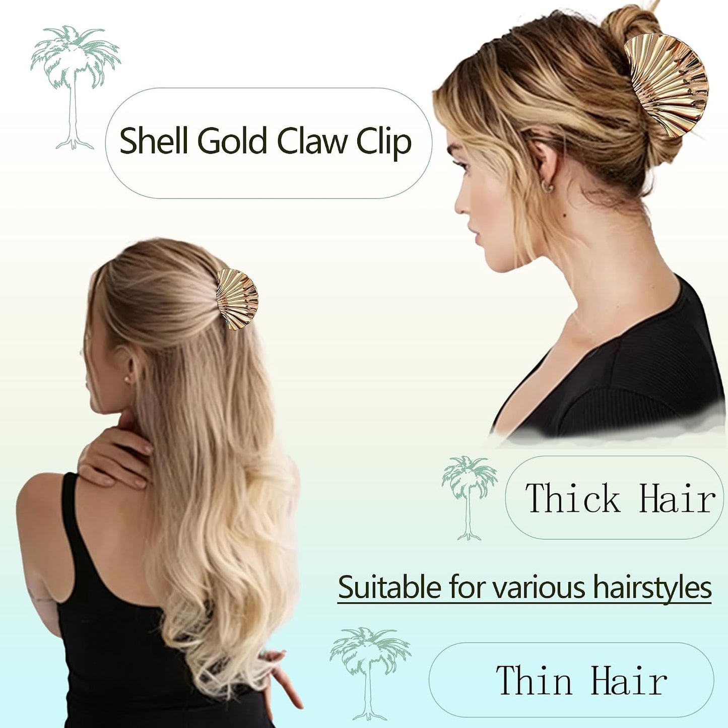 Seashell Hair Claw Clips - Gold Metal Clips for Thick/Thin Hair | 3PCS Set (1 Large + 2 Small)