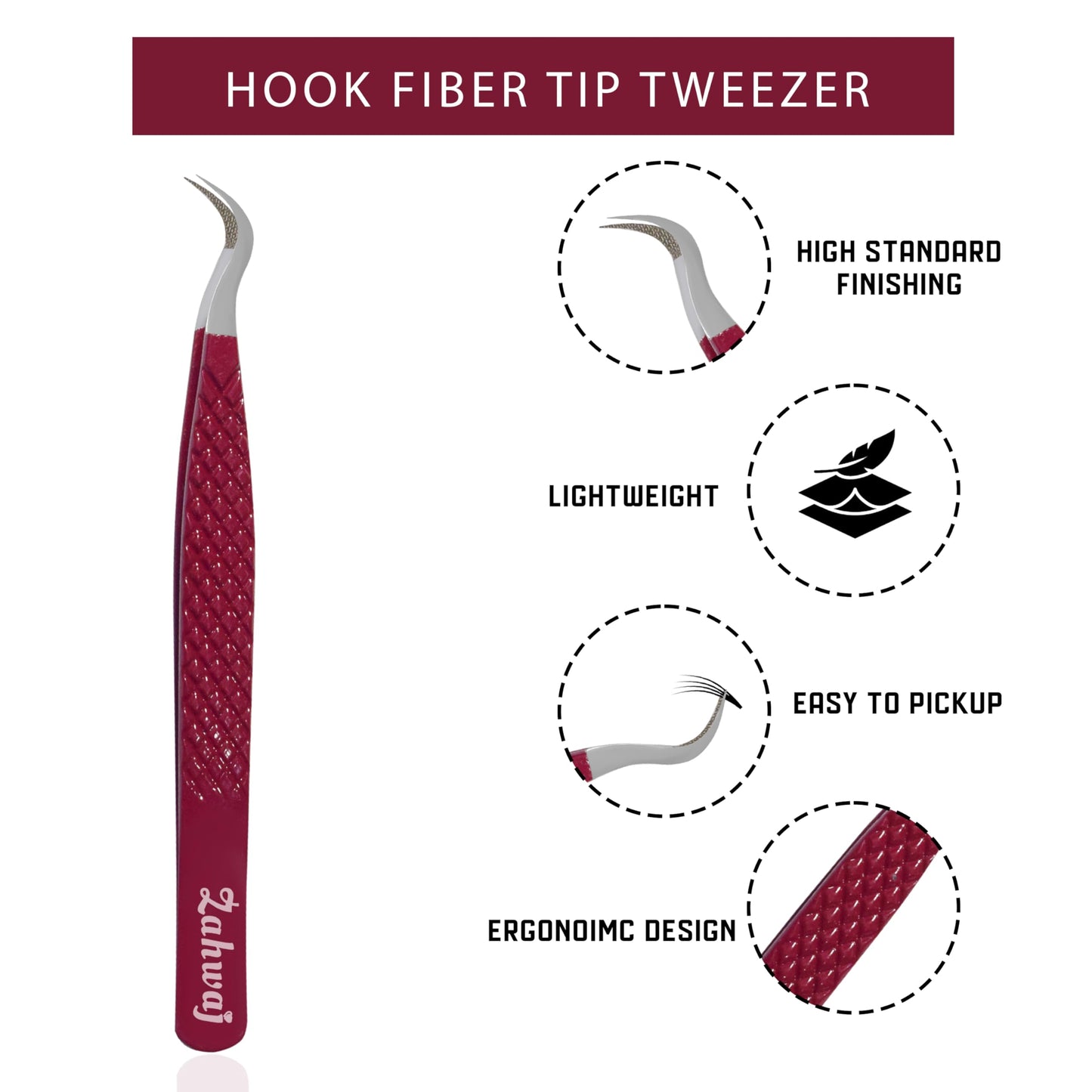 ZAHWAJ Curved Volume Lash Tweezer for Eyelash Extensions – Professional Stainless Steel Fiber Tip Precision Tweezer for Classic & Volume Lashes (Maroon)