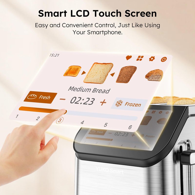 Smart Toaster 2 Slice Wide Slot LCD Touch Screen, Stainless Steel Toaster with Memory Function, 10 Bread Types & 6 Shade Settings, Fast Even Toast, Removable Crumb Tray, 900W