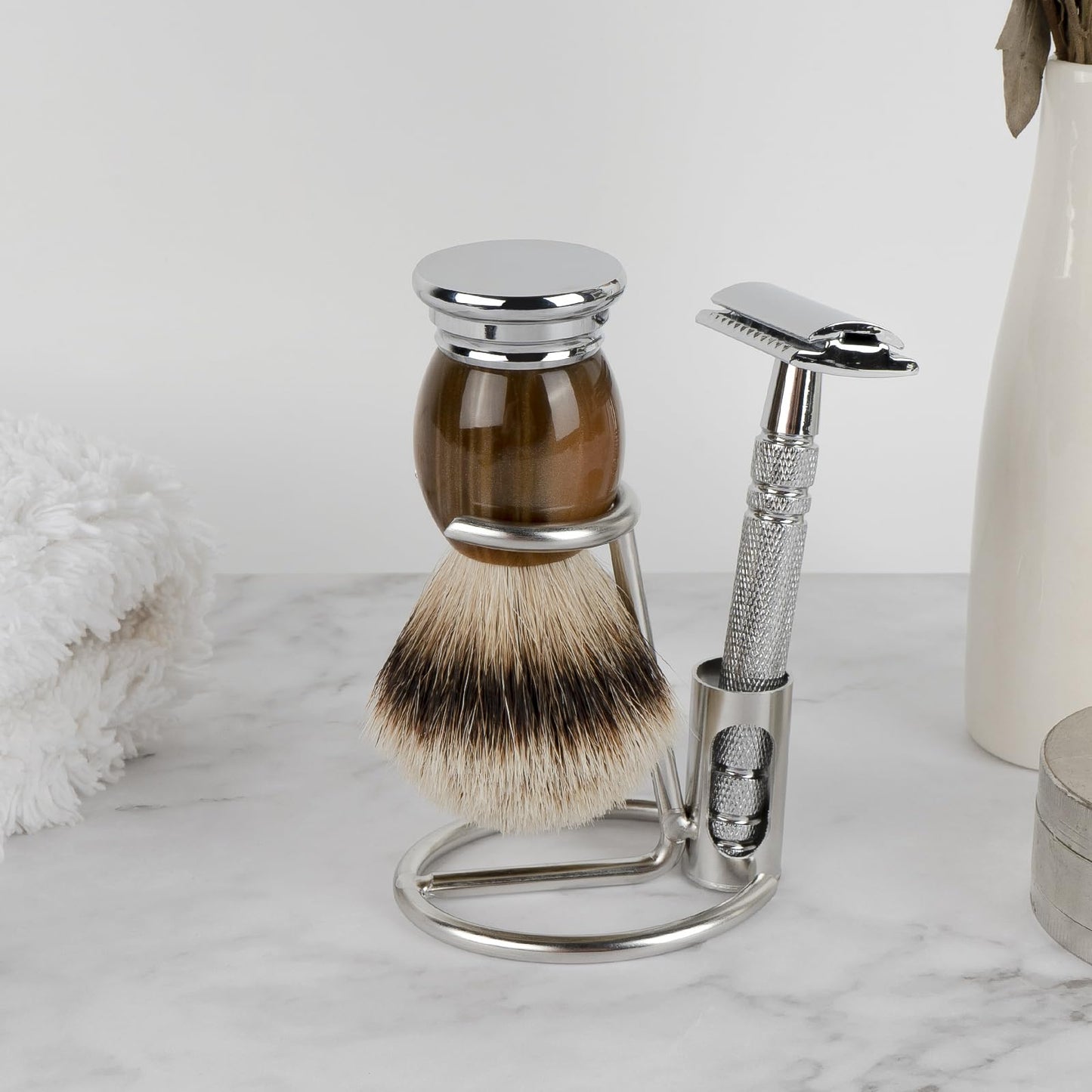 Linkidea Stainless Steel Safety Razor Stand, Men's Grooming Holder for Short Brush, Bathroom Accessories Compatible with Merkur 34HD, 23C, Henson Shaving AL 13, Vikings Blade (Silver)
