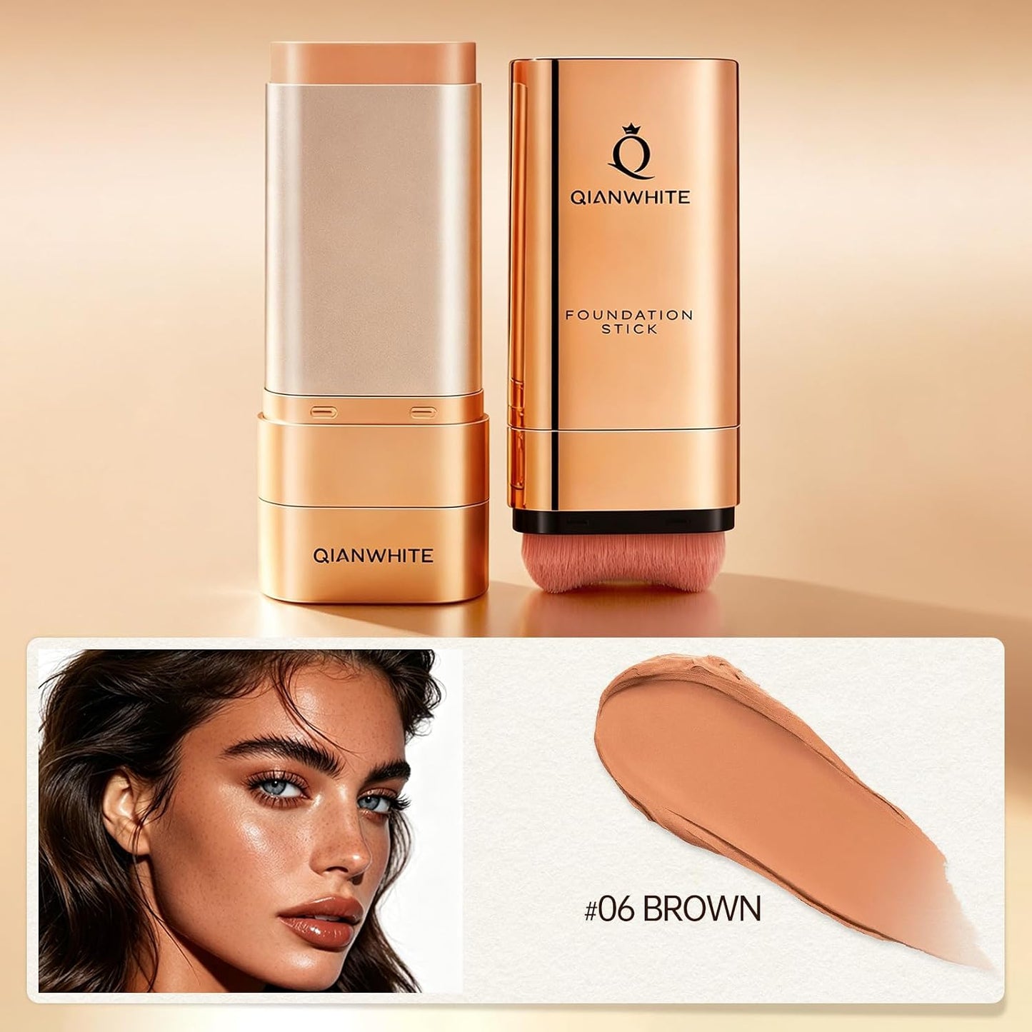 Korean Foundation Stick - Buildable Light to Medium Coverage Makeup | Dual-Ended with Brush for Mature Skin - Natural Dewy Finish (Brown)
