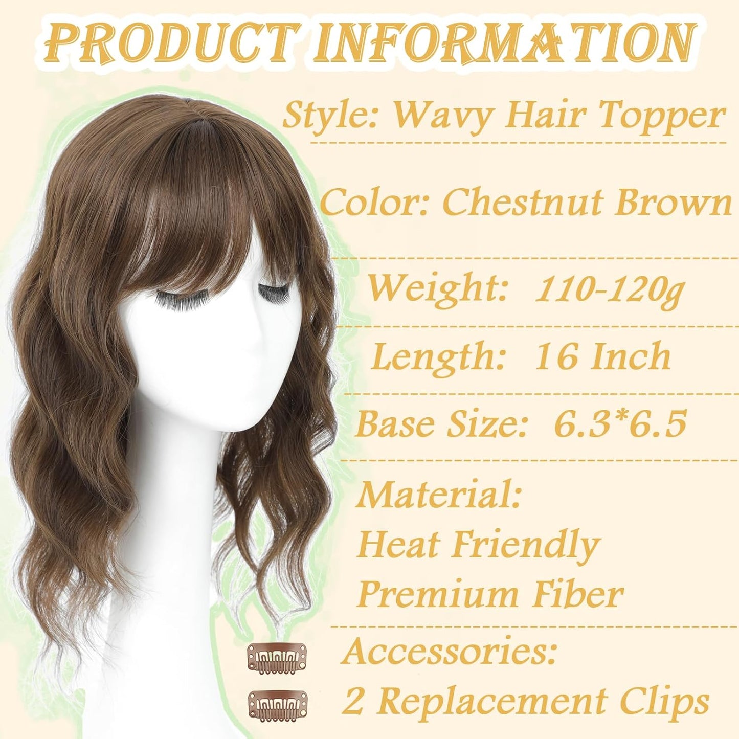 Hair Topper for Women - 16 Inch Synthetic Curly Clip-In with Wispy Bangs | Natural Chestnut Brown Volume Boost