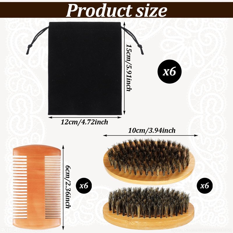 6 Sets Grooming Kit for Men - Natural Boar Bristle Brush, Pear Wood Dual-Sided Wide Tooth Comb, and Travel Pouch (Oval Shape) for Beard Care