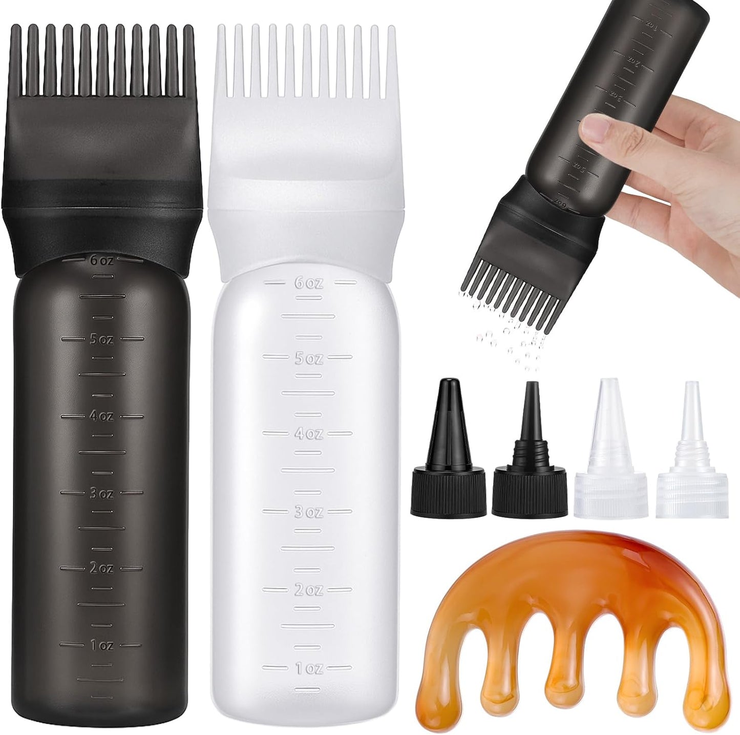 Hair Oil Applicator Bottle - Scalp & Root Comb Dye Squeeze Tool | 2 Pack (Black, White) with 4 Pointed Mouth Cover