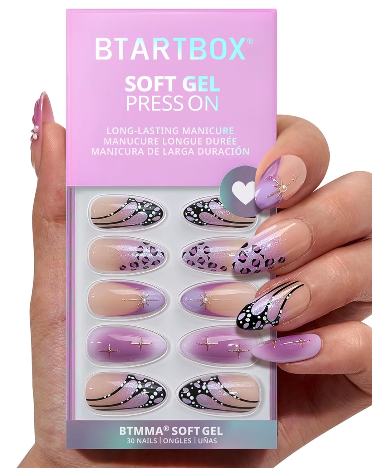 French Tip Press On Nails - Chrome Short Almond Design | Semi-Transparent Soft Gel, 16 Sizes, 32 Piece Kit