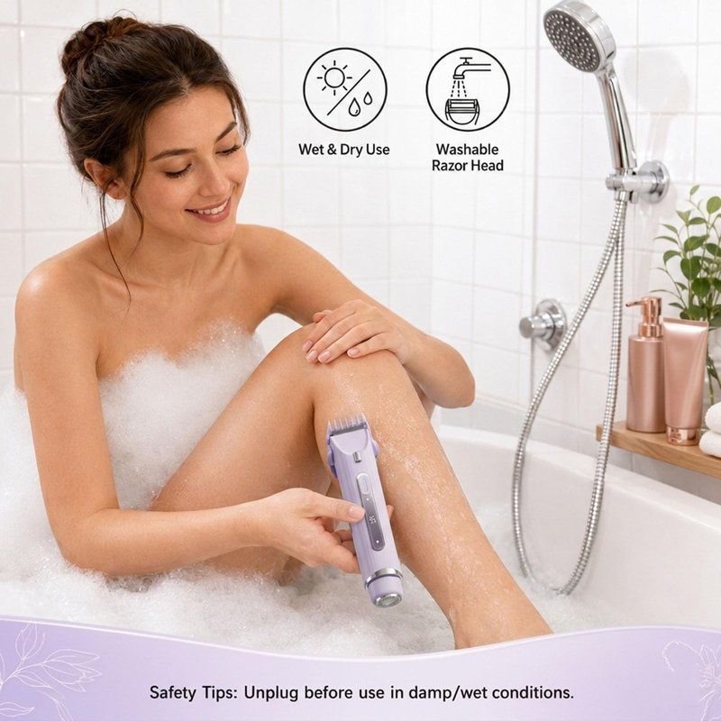 OGLEA Women's Electric Shaver, 2-in-1 Bikini Trimmer with LED Light & Power Indicator, Rechargeable Cordless Body Hair Removal for Face Underarm Legs, Detachable Rinseable Heads, Purple