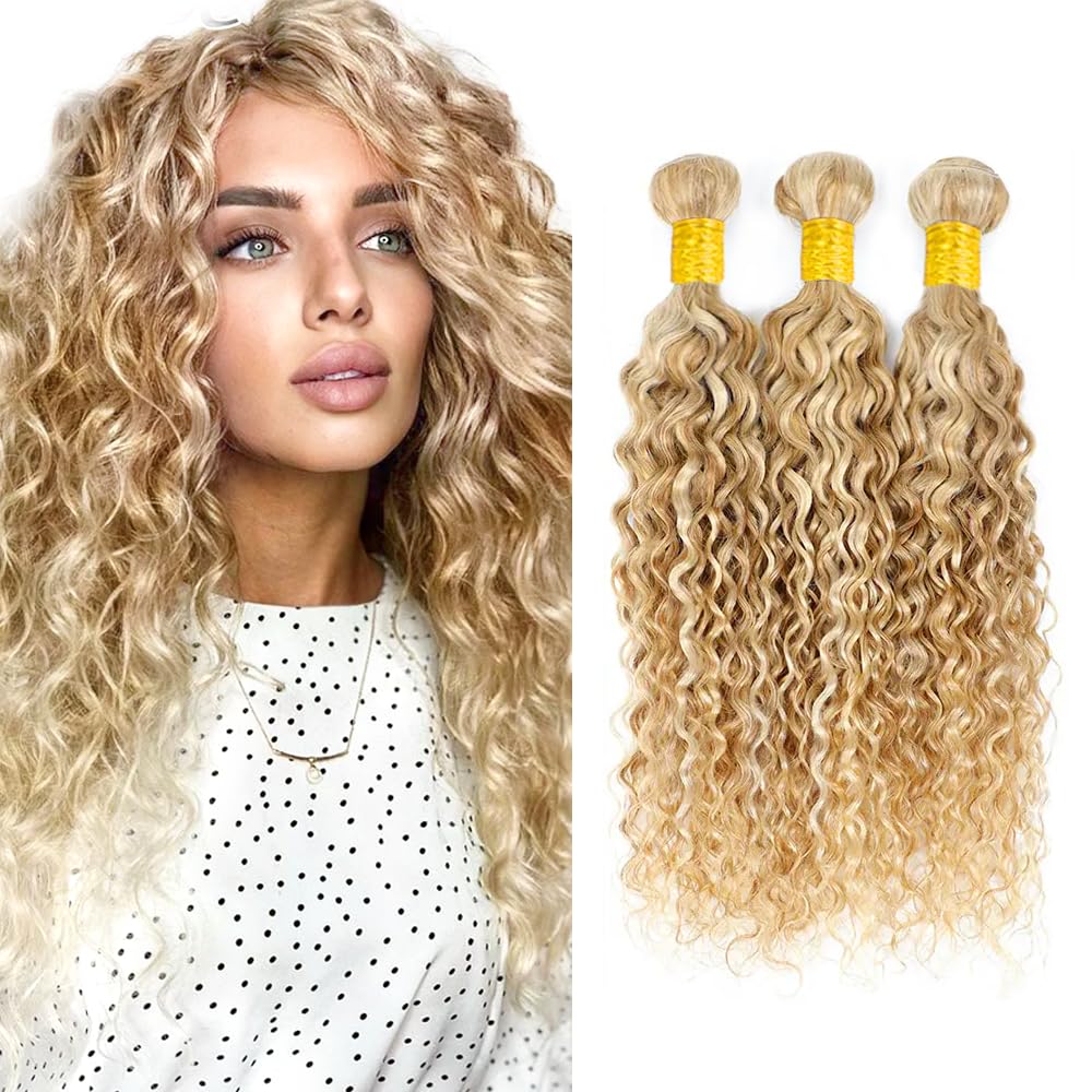 P27/613 Highlight Blonde Bundles Human Hair Water Wave Bundles 26 28 30 Inch Honey Blonde Color Water Wave Bundle Unprocessed Brazilian Virgin Weave Hair 3 Bundle 50 Gram Per Bundle for Black Women