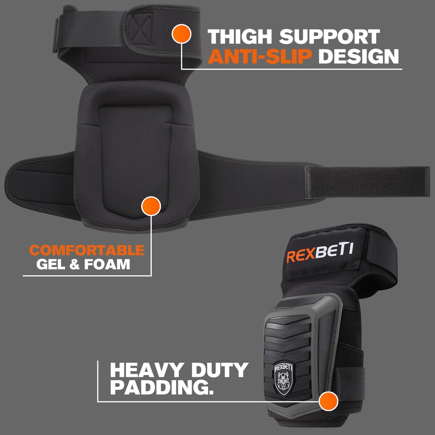 REXBETI New Upgraded Knee Pads for Work, Construction Knee Pads for Men, Heavy Duty Comfortable Anti-Slip Foam Gel Knee Pads for Gardening Flooring and Cleaning, Extra 4 Extension Straps, Gray