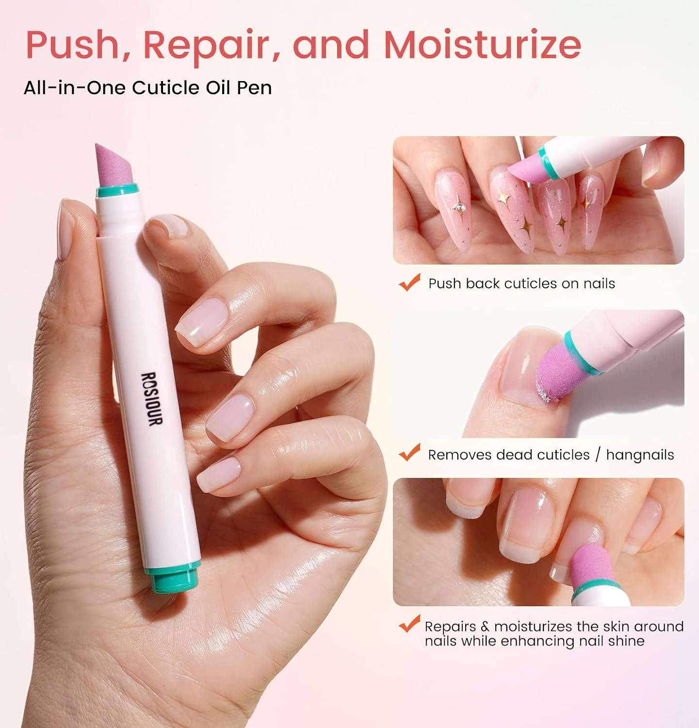 Ceramic Cuticle Oil Pusher Pen | 3-in-1 Cuticle Remover & Nail Care Tool for Hangnails, Dry Nails, Moisturizing
