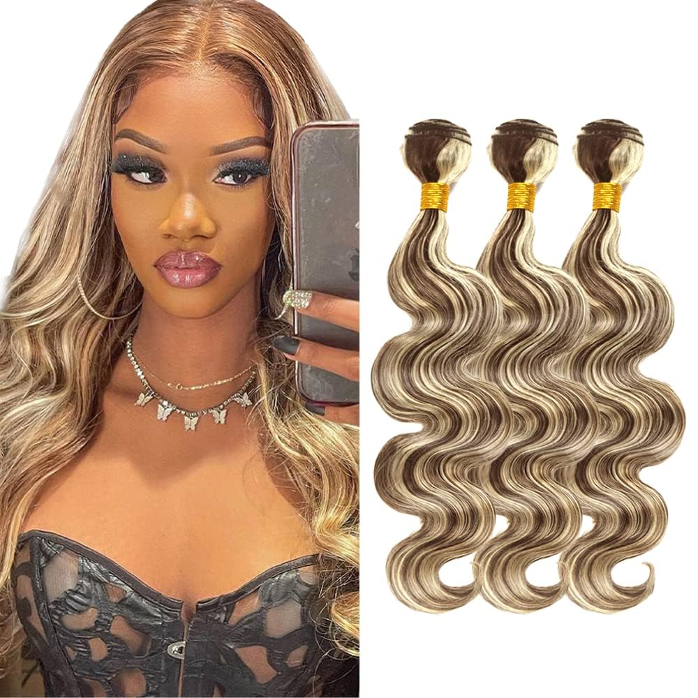 Highlight Body Wave Bundles Ombre Human Hair 3 Bundles 26 28 30 Inch Peruvian Virgin Hair Two Tone Color #4 Mixed With 613 Blonde Hair Weave