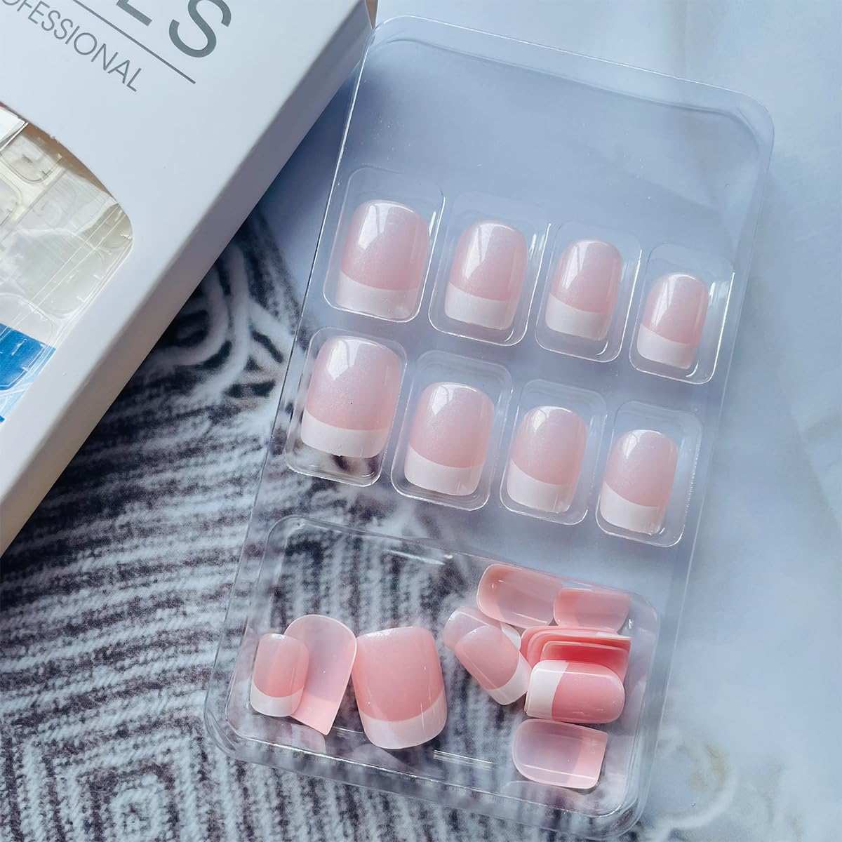 French Tip Press-On Nails - Short Square Acrylic Full Cover | 24pcs Reusable Nude Design for Women