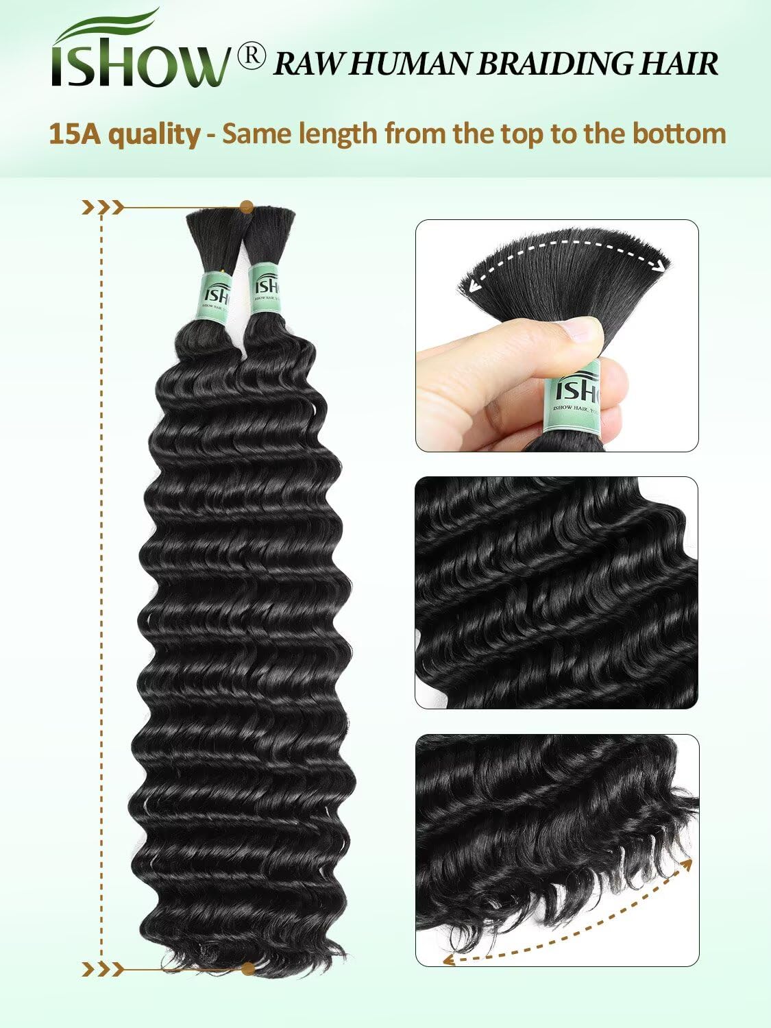 ISHOW Raw Human Braiding Hair, 100% Unprocessed Virgin Human Hair, 15A Deep Wave Boho Hair, 100g 16.01 Inch (2 Packs), NO.1 Premium Quality Boho Hair Producer, Long Lasting, Color 1B