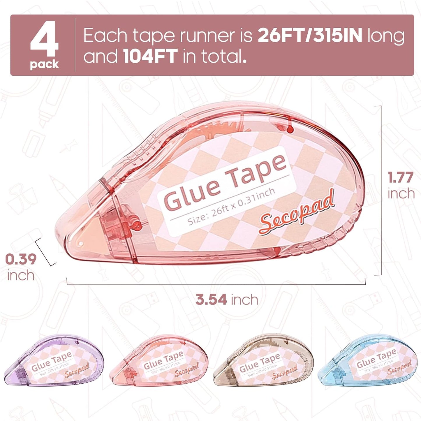 Double-Sided Scrapbook Tape Roller - 4 Pack Adhesive Glue Runner for Crafts | 0.3in x 26ft, Clear