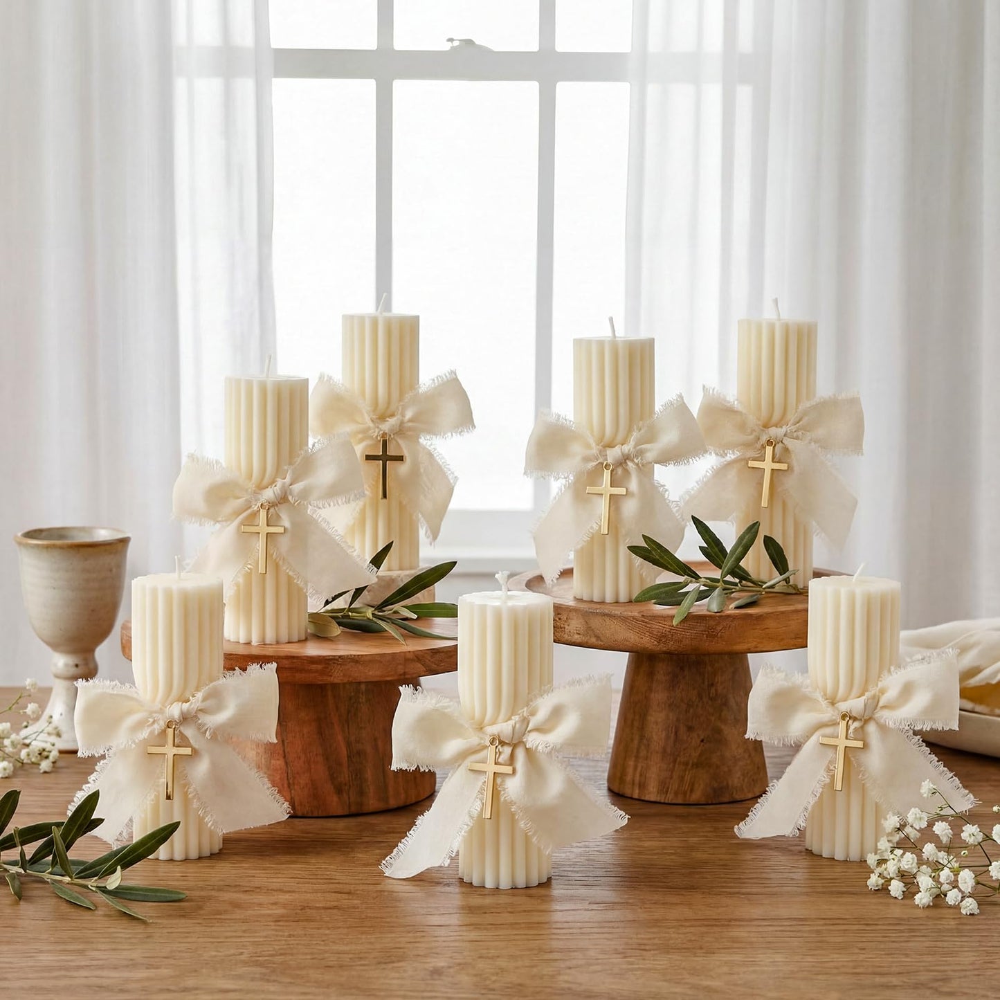 Conelist 12 Set Baptism Candle Cirios Pascual Catolico Catholic First Communion Candles with Bows and Crosses Church Prayer Gifts for First Communion Baby Christening Party Favor, 4.53 x 1.57 Inch