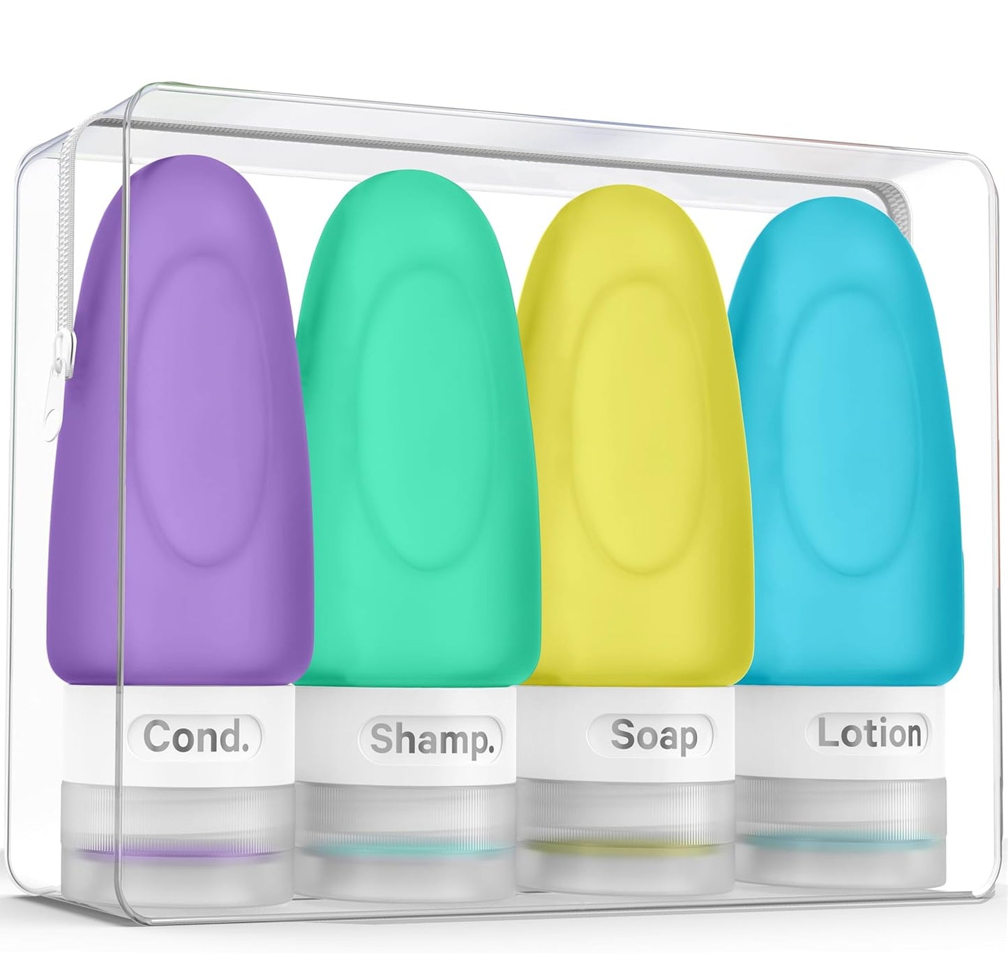 Leak Proof Travel Bottles - TSA Approved 3oz Silicone Toiletries for Shampoo & Conditioner | Set of 4 with Labels