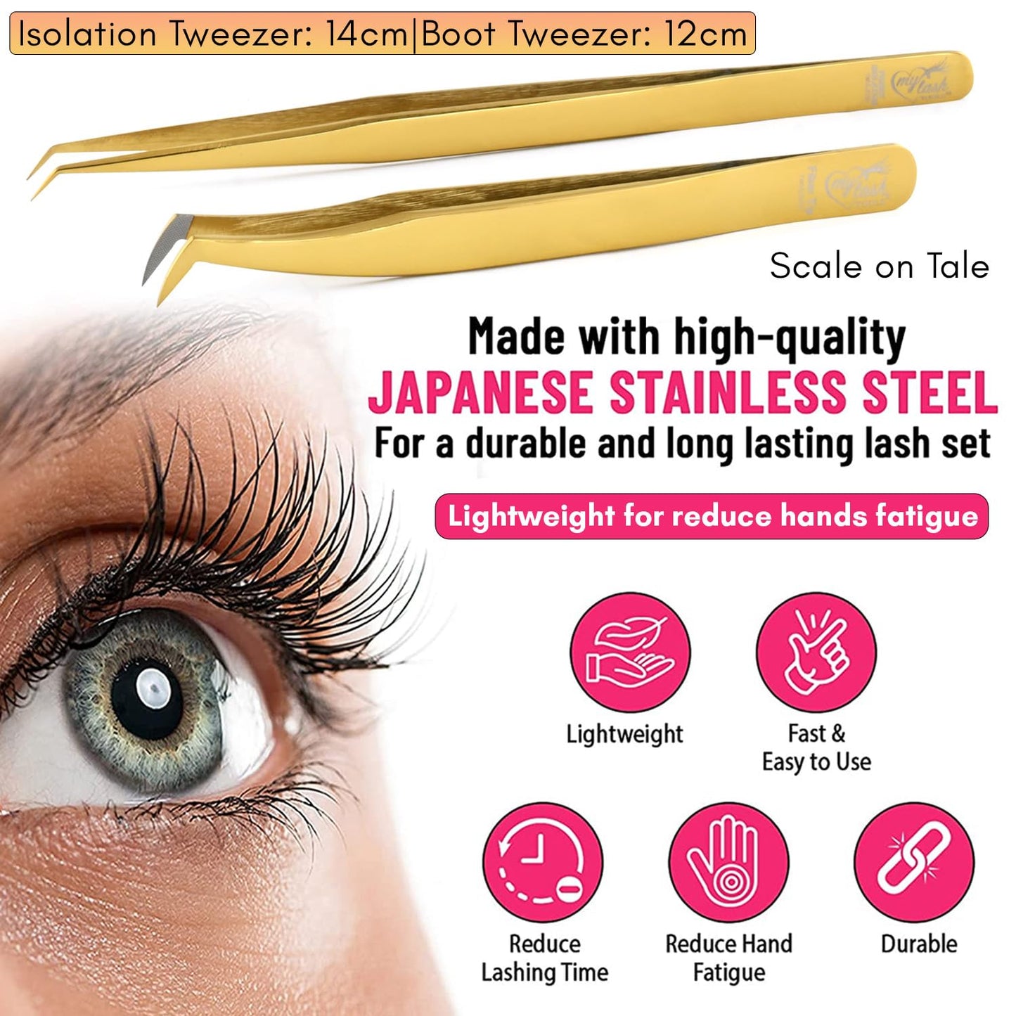2pcs Fiber Tip Lash Tweezer Set – Boot Mega Volume Tweezer & Straight Isolation Tweezer, Precision Stainless Steel Lash Extension Tools, Non-Slip Grip, Tweezers for Classic & Volume Fans (Gold)