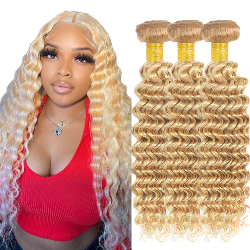 P27/613 Highlight Blonde Bundles Human Hair Deep Wave Bundles 16 16 16 Inch Honey Blonde Unprocessed Brazilian Virgin Hair 3 Bundle 50 Gram Per Bundle Deals Quick Weave Deep Wave Human Hair Extensions