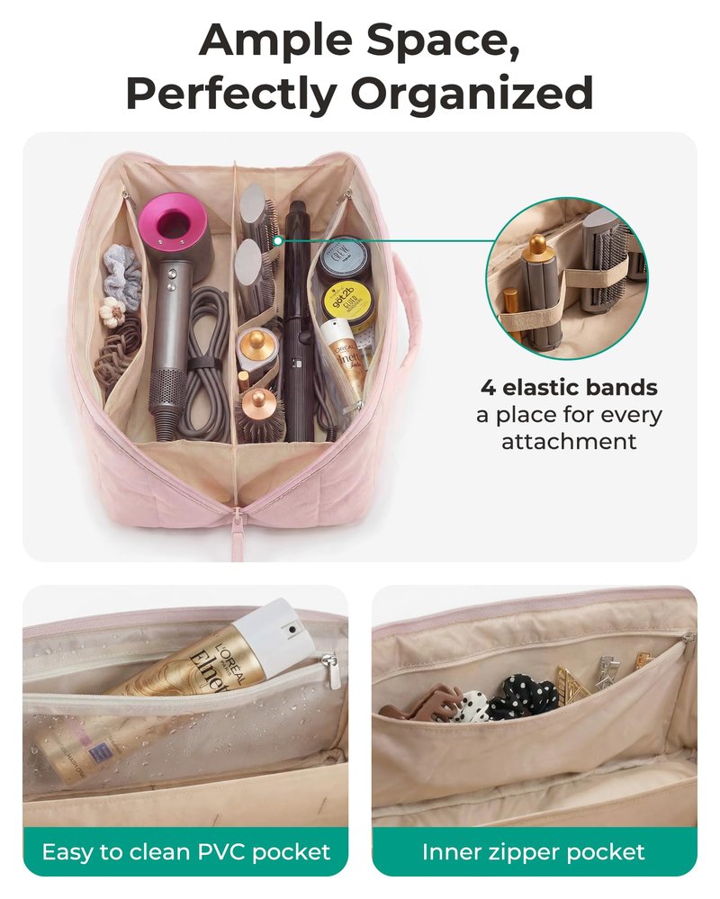 BAGSMART Hair Tool Organizer Travel Bag Compatible with Dyson Airwrap, Shark Hair Dryer, Wide-open Accessories Organizer with Heat Resistant Mat, Makeup Bag for Dyson Attachments, Curling Iron, Pink