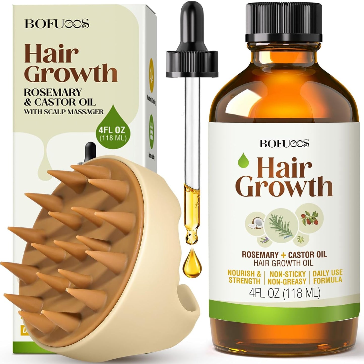 Rosemary & Castor Hair Growth Oil Set - Strengthens & Moisturizes Hair | Scalp Massager Included - 4.0 oz