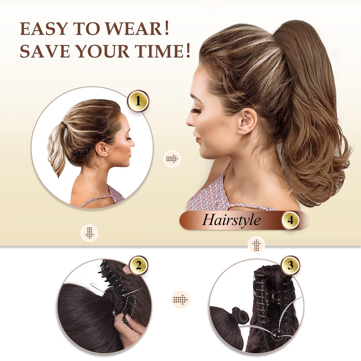 Sofeiyan 13" Ponytail Extension Long Curly Ponytail Clip in Claw Hair Extension Natural Looking Synthetic Hairpiece for Women, Light Ash Brown & Bleach Blonde