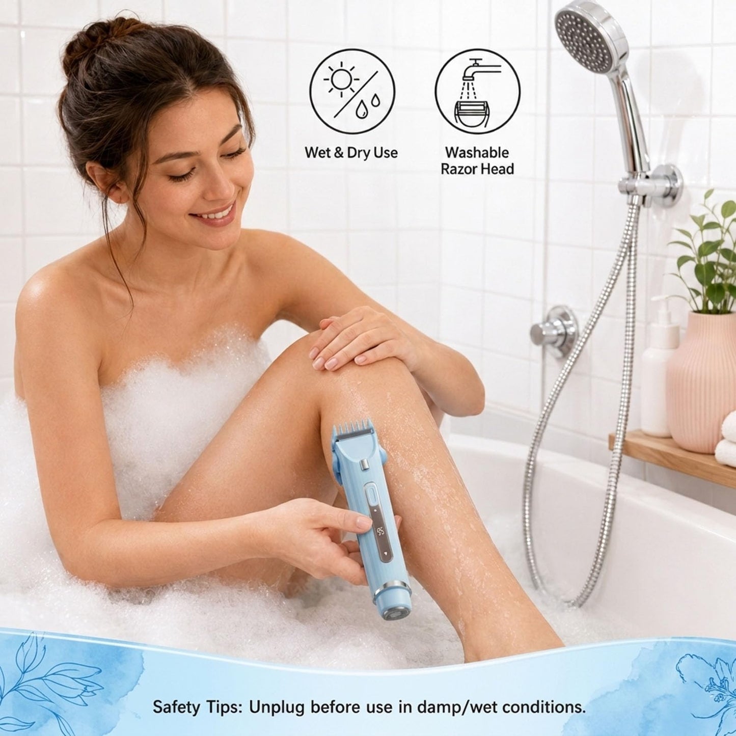OGLEA Bikini Trimmer for Women, 2 in 1 Electric Razor with LED Light & Battery Display, Rechargeable Cordless Hair Trimmer for Face Underarm Pubic Legs, Dual Washable Heads, Blue