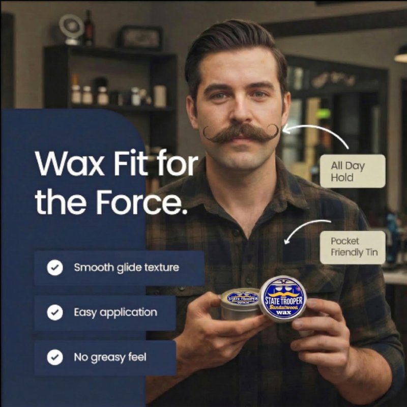 State Trooper Medium Hold Sandalwood Mustache Wax For Men with Natural Beeswax, Coconut Oil & Lanolin – Natural Moustache Grooming & Styling - Nourishing Conditioner & Sculpting