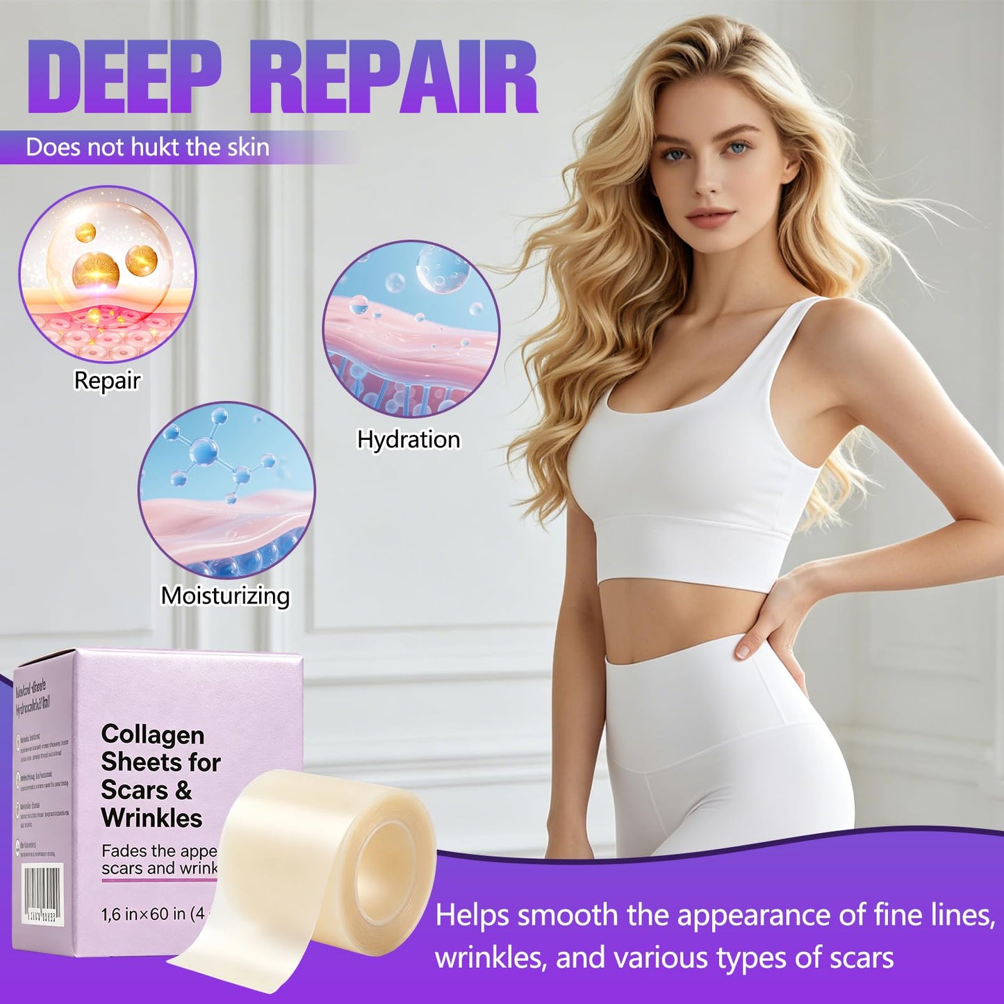 Silicone Collagen Scar Tape, Collagen Sheets for Scars & Wrinkle, Silicone Scar Removal Strips for Various Different Scars and Wrinkles, Old & New Scars for All Ages (1.6In * 60In)
