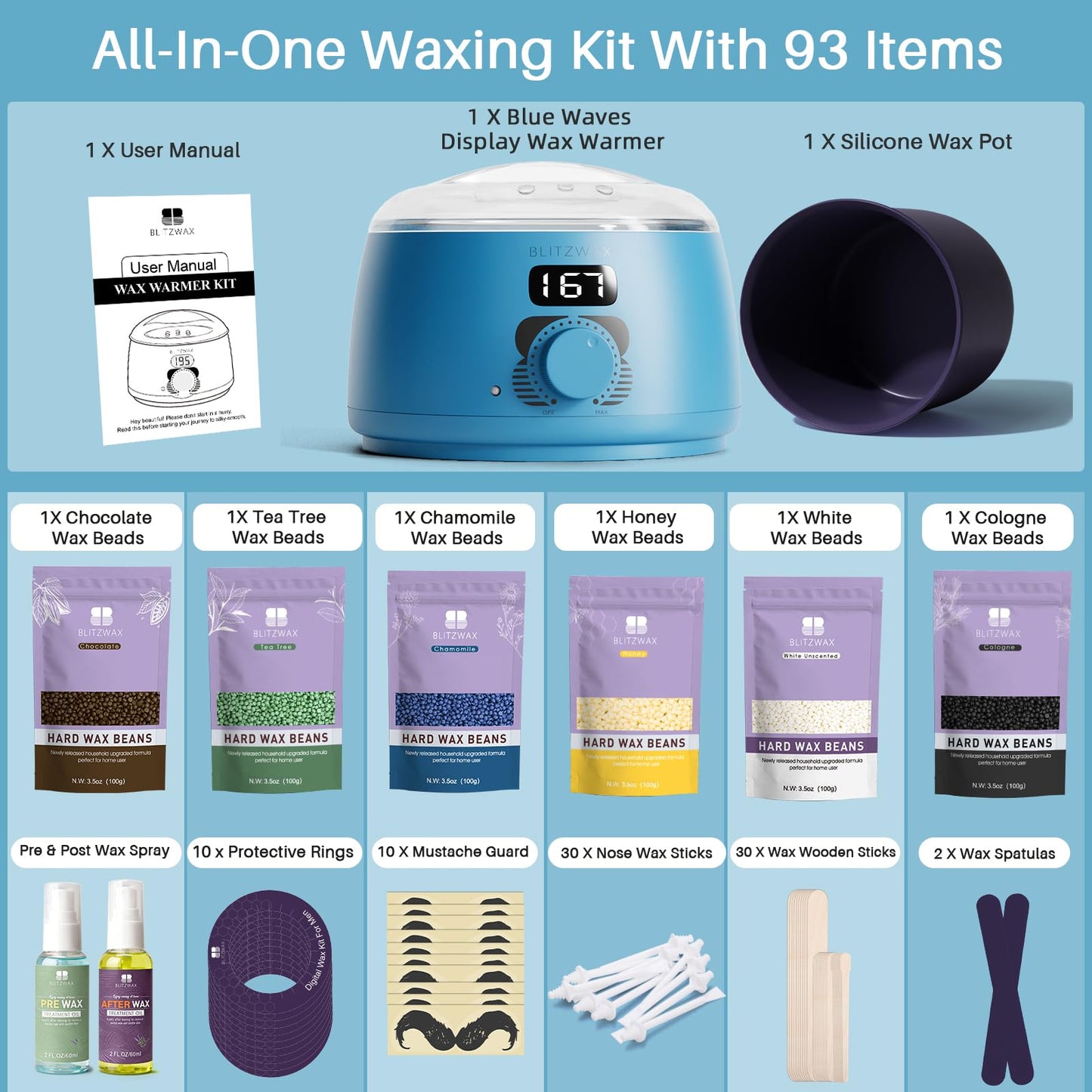 BLITZWAX Back and Nose Waxing Kit for Men, Hard Wax Warmer for Brazilian, Body and Face, At Home Hair Removal Kit, Beginner Friendly, Quick Heating, 93 Accessories, Royal Blue