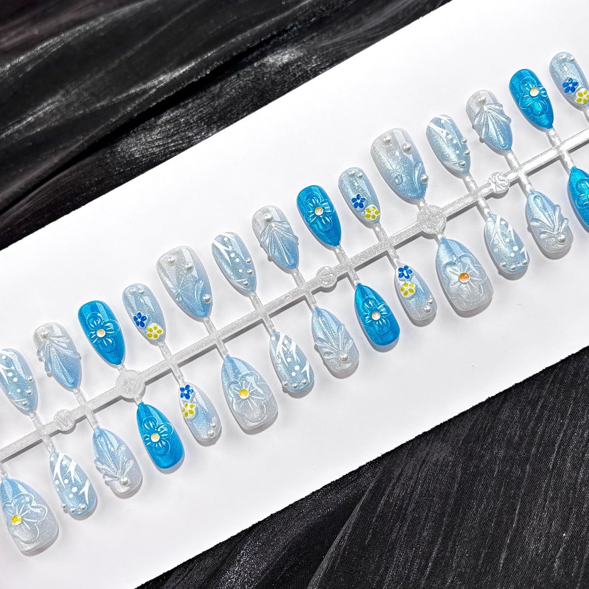 Blue French Tip Press-On Nails - 30 Pcs Short Almond Design with 3D Flowers & Pearls | Reusable Summer Beach Nails