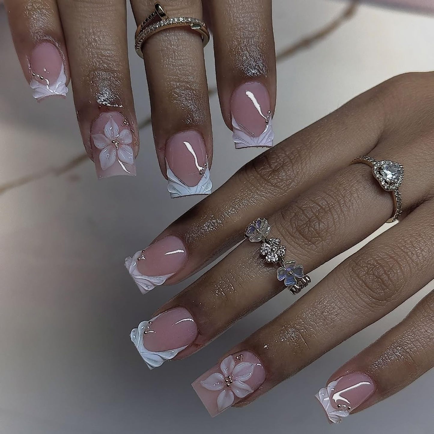 Pink Flower Press-On Nails - Medium Almond Floral Design with Rhinestones & Glitter | 24 Pcs Full Cover Acrylic Nails