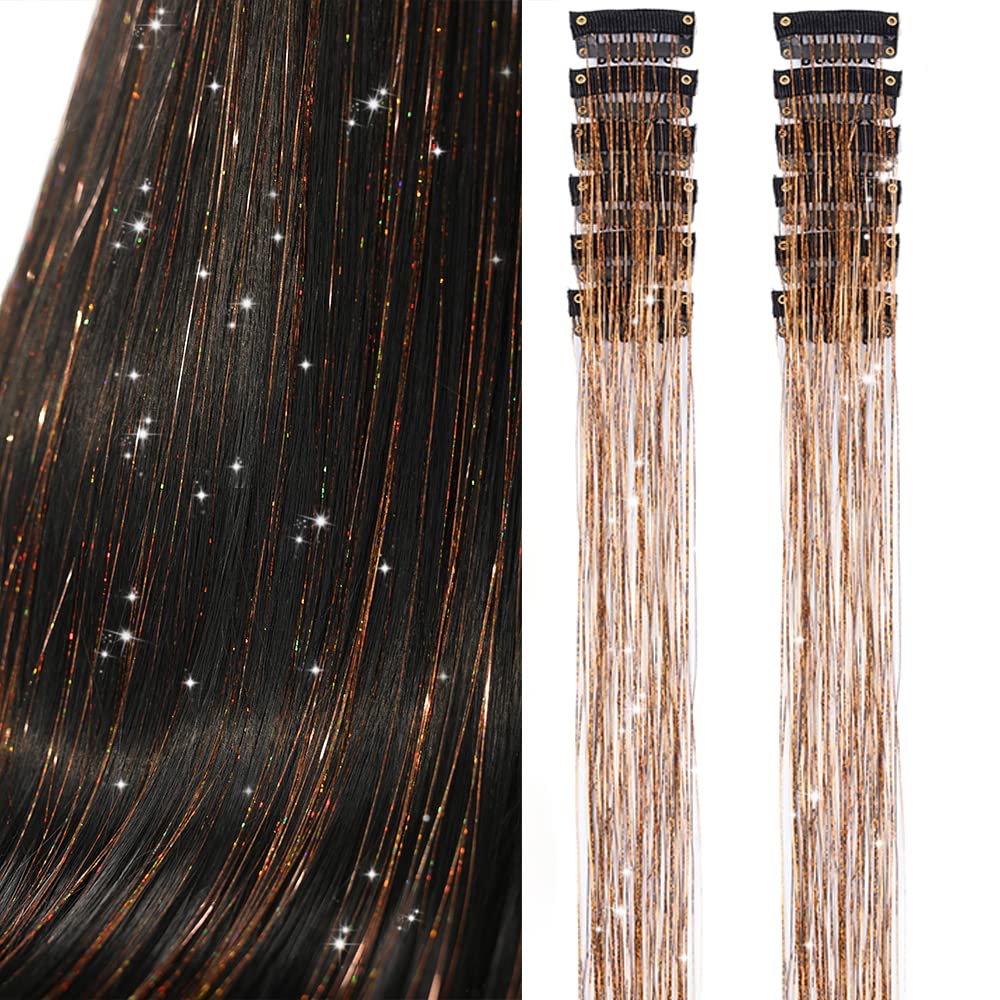 Clip In Hair Tinsel Extensions - 20 Inch Glitter Strands for Festivals | 12 Pcs Black Dazzle Kit for Women & Girls
