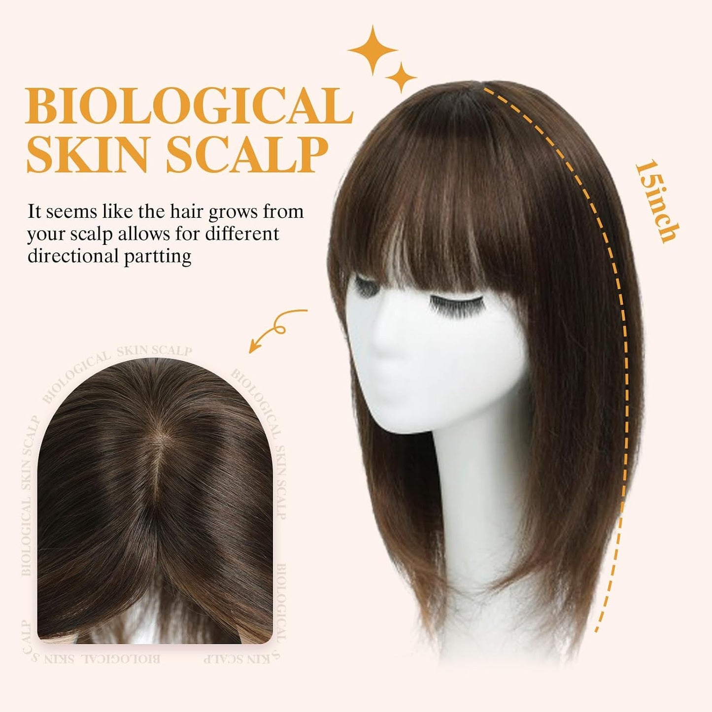 YAMI Hair Toppers for Women - Real Human Hair Topper with Bangs | Medium Brown, 15 Inch Hairpiece for Thinning Hair