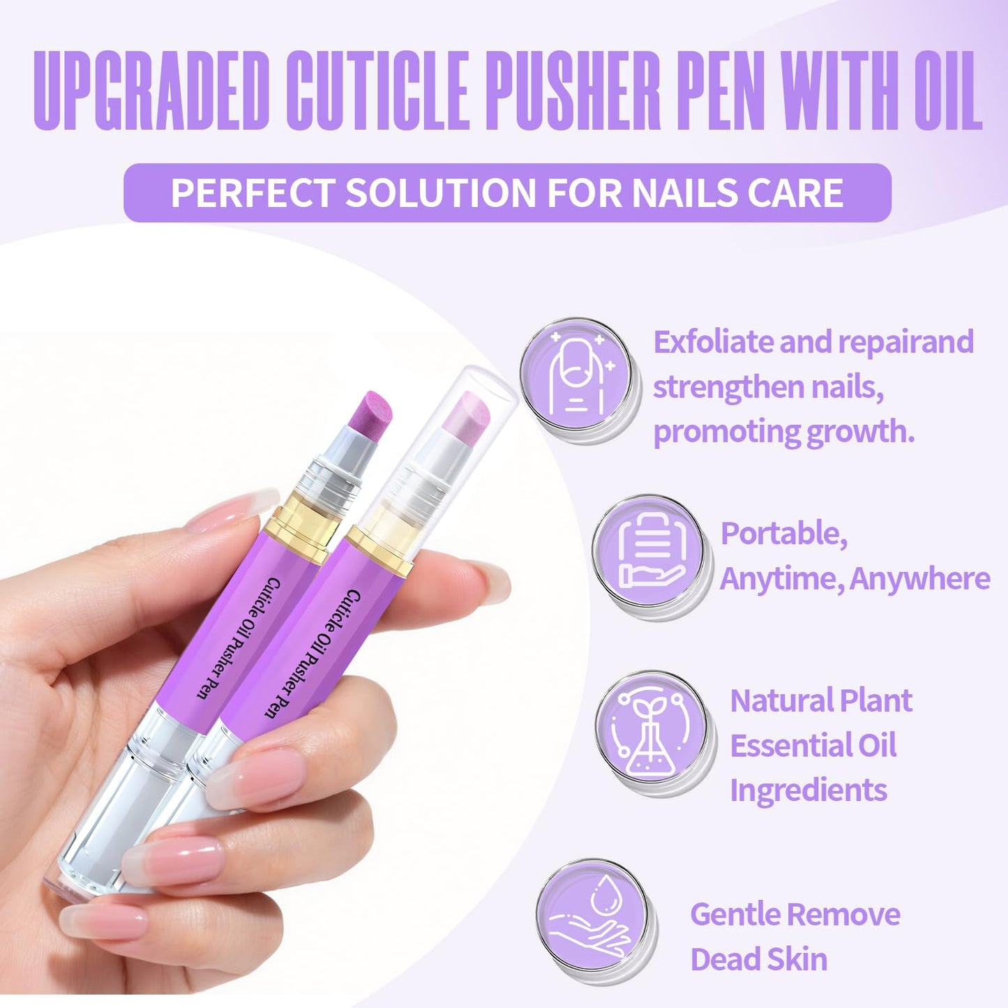 Ceramic 2-in-1 Cuticle Oil Pusher Pen, Nail Care Buffer Pens with Micro-Dosin lavender Oil for Hangnails & Dry & Damaged Nails, Repair & Nourish Nails, Birthday Gifts for Women Wife Girlfriend