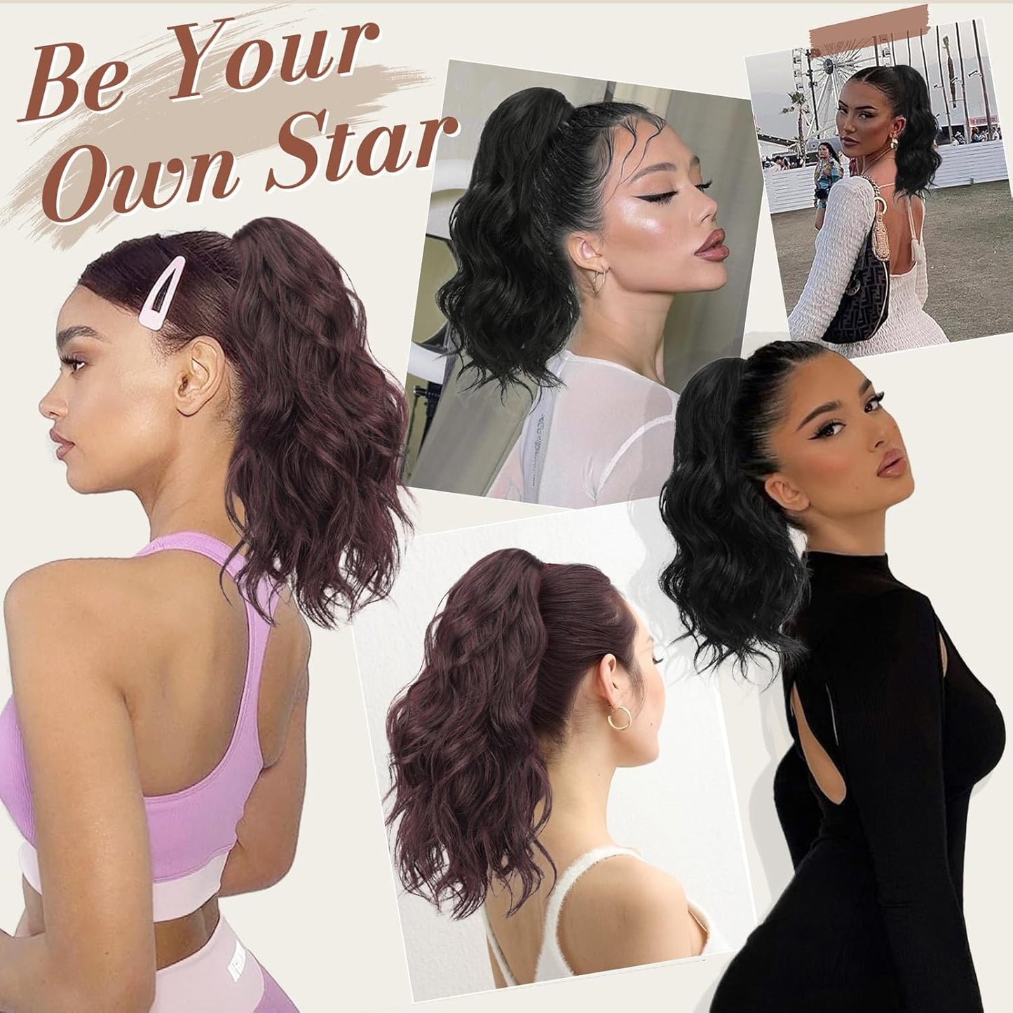 Claw Clip Ponytail Extensions - 14-Inch Short Wavy Dark Brown Hairpiece for Women | Synthetic Ponytail