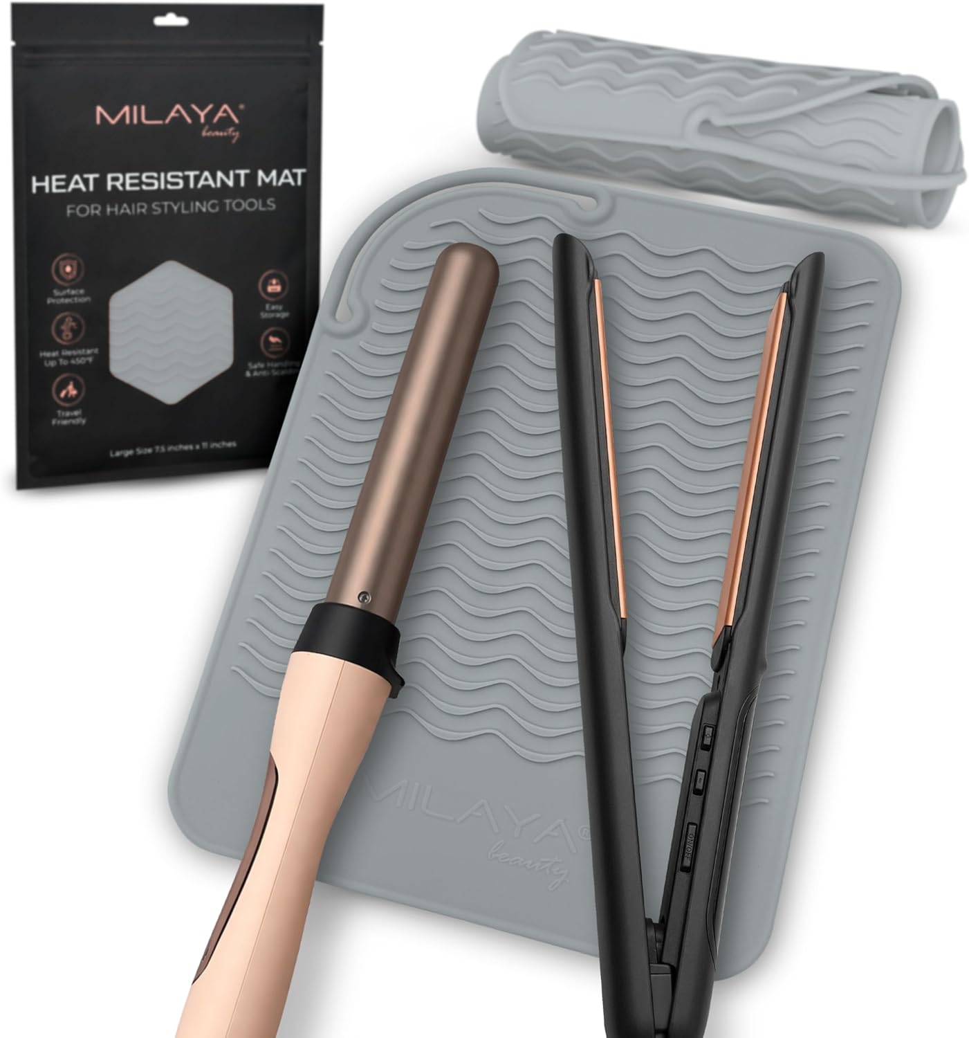 Milaya Beauty Large Heat Resistant Mat - Silicone Curling Iron & Flat Iron Holder | Non-Slip Vanity Accessory for Home & Travel