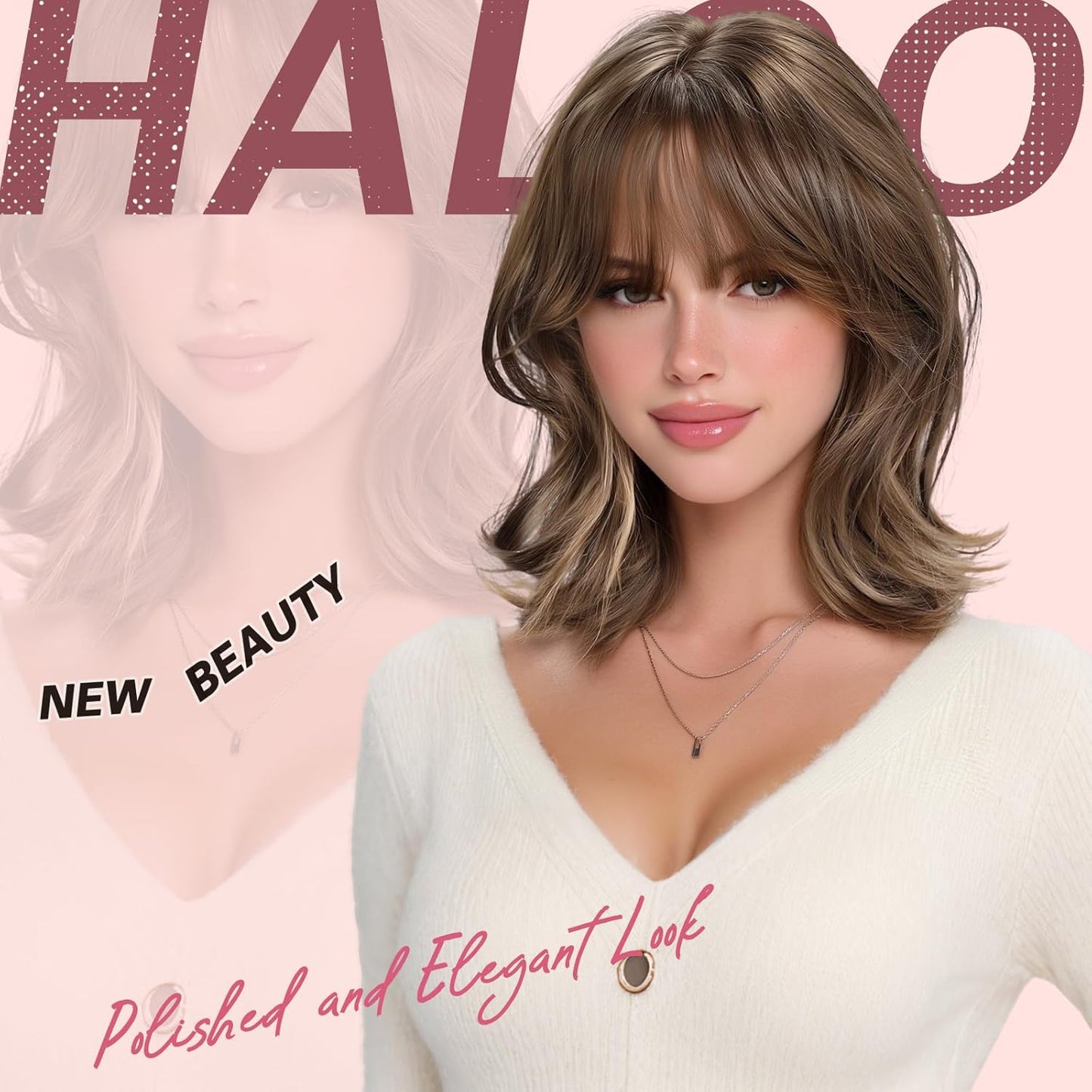 Brown Short Bob Wig with Bangs - Wavy Layered Shoulder Length | 14 Inch Synthetic Hair for Women