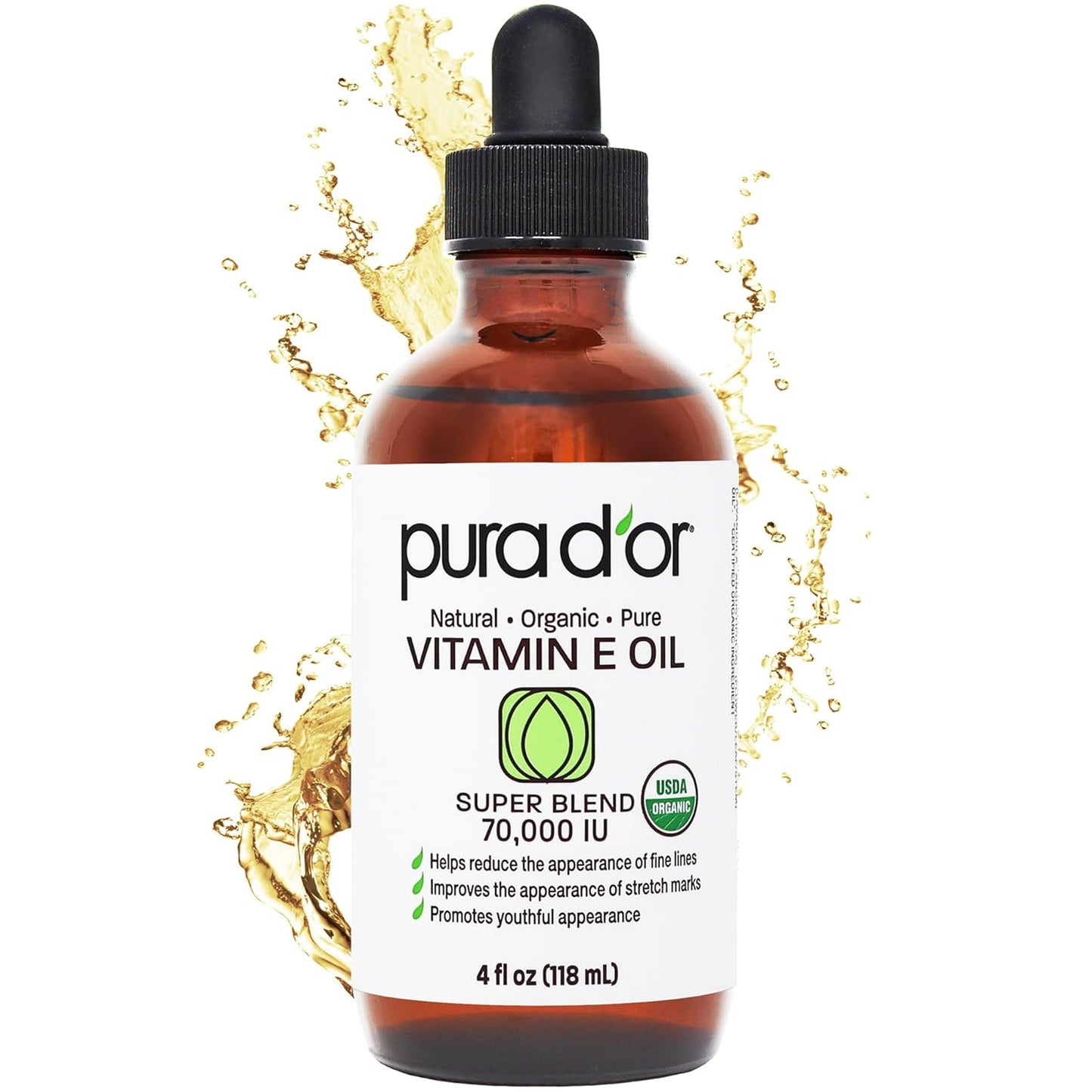 PURA D'OR Organic Vitamin E Oil - 70,000 IU Ayurvedic Skin Care | Lightweight Moisturizer for Face & Body
